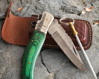 Handmade Green Wood Damascus Pattern Steel Pocket Knife Folding Hunting Camping Gift For Him Fishing Knives with Leather Sheath & Sharpener