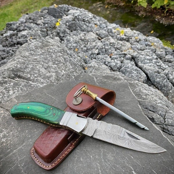 Handmade Green Wood Damascus Pattern Steel Pocket Knife Folding Hunting Camping, Gift For Him Fishing Knives with Leather Sheath & Sharpener