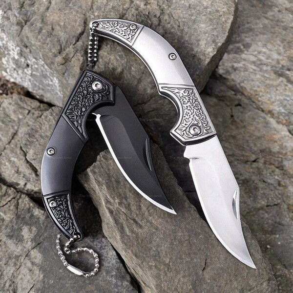 Slim Pocket Folding Knife Black Silver Stylish Flower Design Everyday Knife Gift For Him Hunting Camping Fishing
