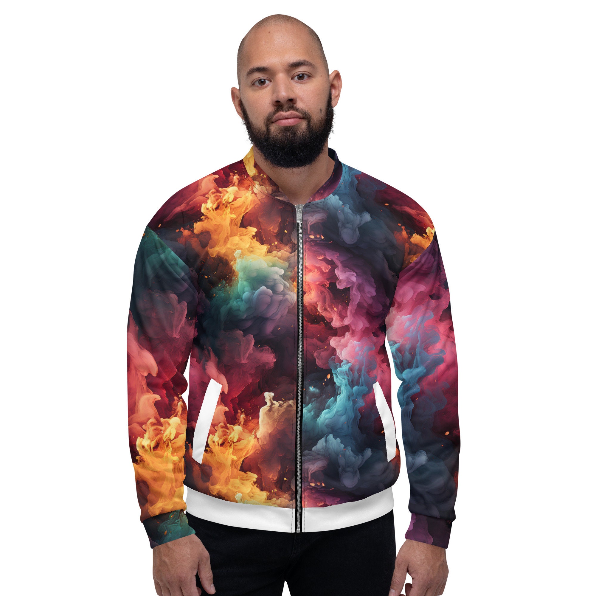 ColorSplashIllusions Unisex Bomber Jacket with Ethereal Cloud of Smoke & Flames Design - Interstellar nebulae Style