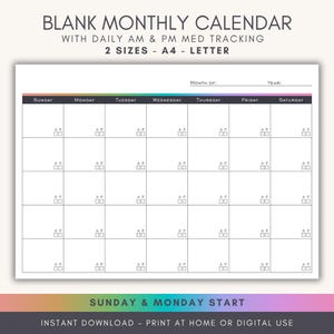 FM/EM-medicinuppföljning: Utskrivbar månadskalender (A4/Letter PDF digital nedladdning)