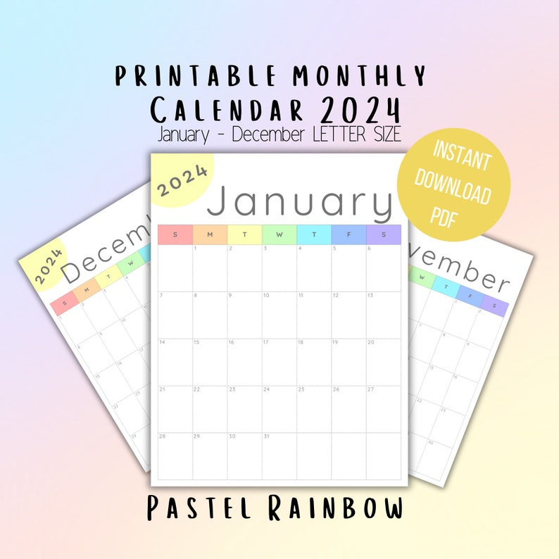 2024 Monthly Calendar Printable Colorful Pastel Rainbow Etsy