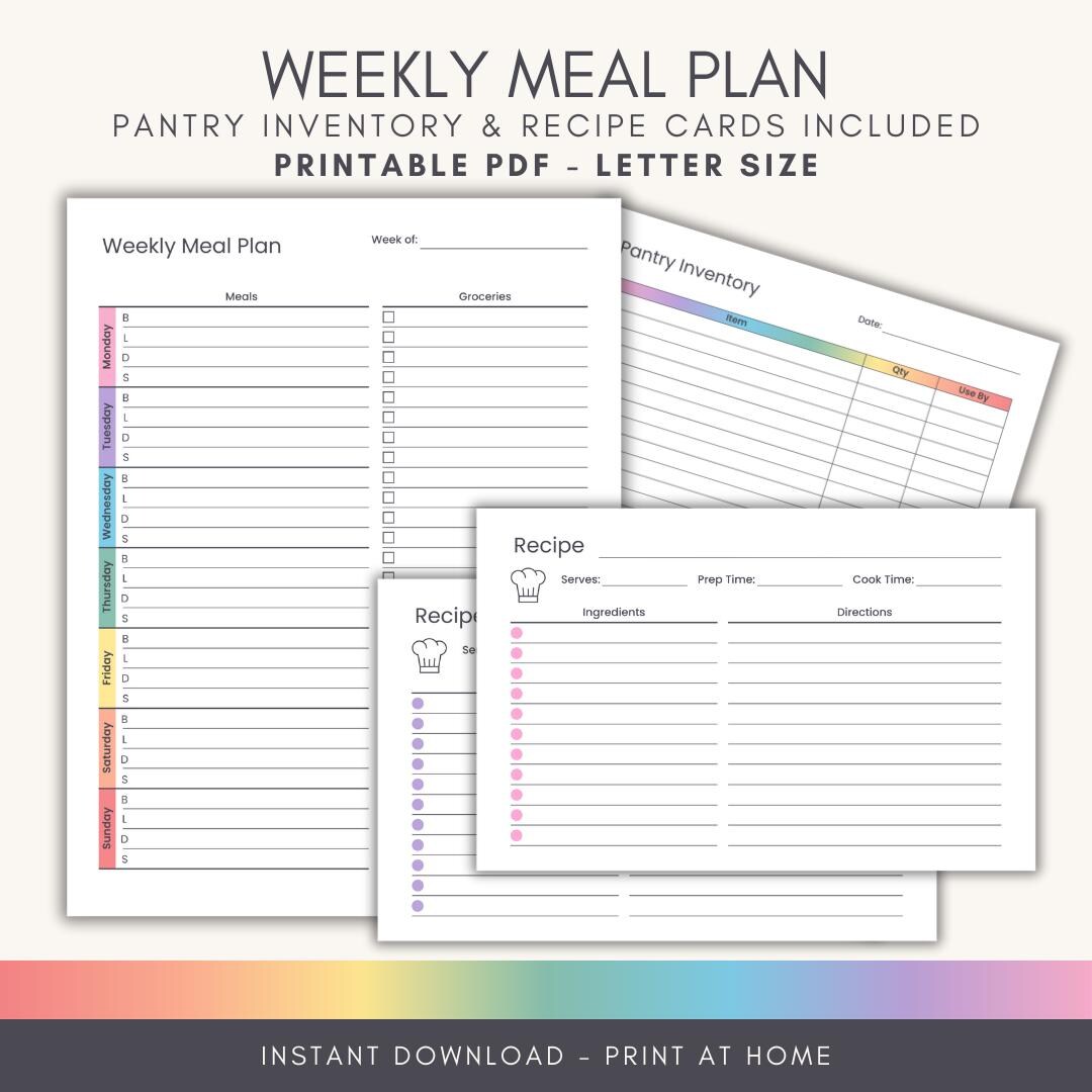Weekly Paper Inventory Weekly Meal Planner, Pantry Inventory List & Recipe Cards, Printable ...