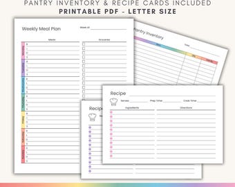 Puede incluir: Planificador de comidas semanal imprimible con un inventario de despensa y tarjetas de recetas. El planificador incluye una sección para comidas, comestibles y una lista de verificación. Las tarjetas de recetas tienen secciones para porciones, ingredientes, tiempo de preparación, tiempo de cocción e instrucciones.