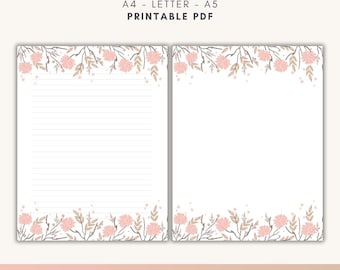 Pink Floral Note Paper: Lined Stationery (A4, A5, Letter) (PDF Download)