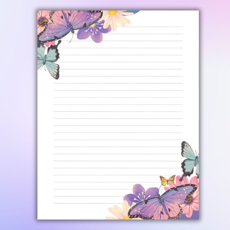 Butterfly Journal Paper Printable, Note Pages, Lined, A4, A5, Letter