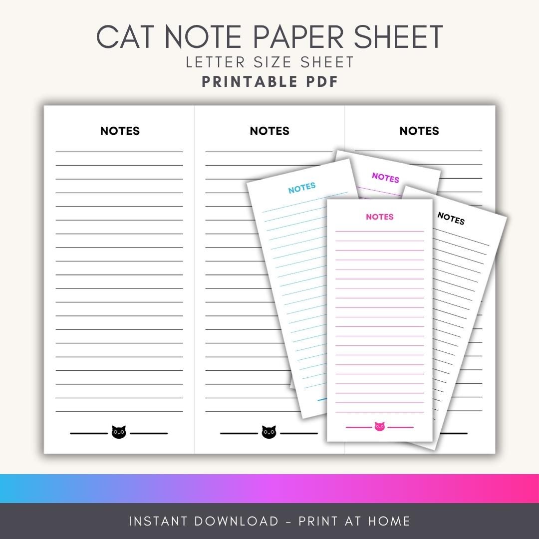 Cat Work Note Cat Printable Note Paper, Colorful Fridge Notes, Kitty Stationery, PDF ...
