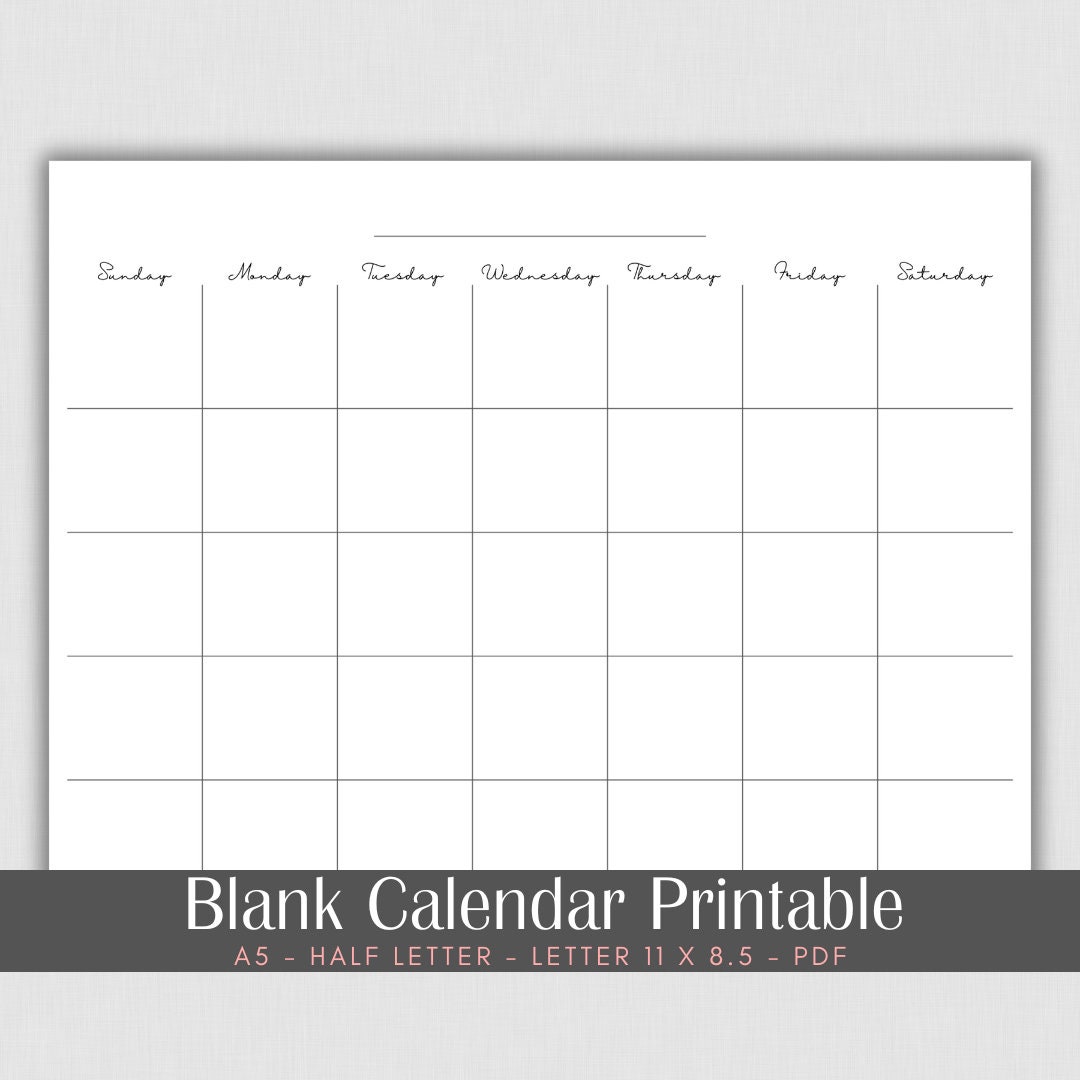 Blank Monthly Calendar Printable, Simple Calendar Template, Print Ready ...