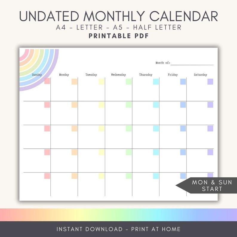 Printable Calendar Pastel Rainbow Blank, A5, Letter, PDF, Rainbow ...