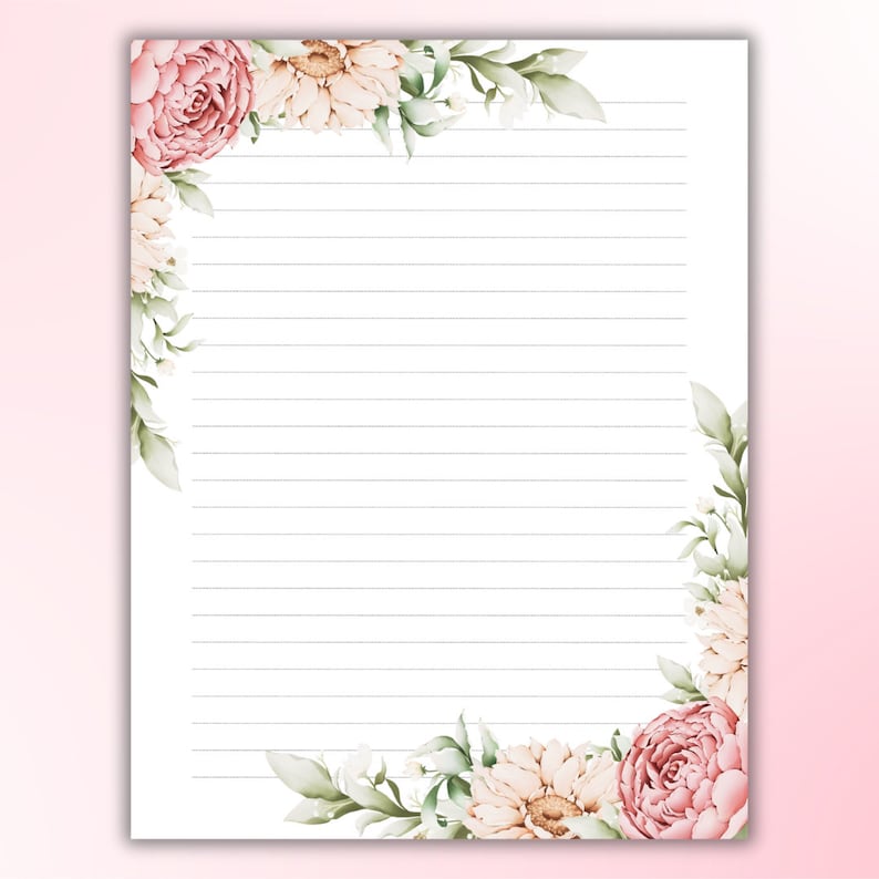 Flowered Note Paper Floral Note Paper Printable, Journal Page, A5, A4, Letter, Lined, PDF ...