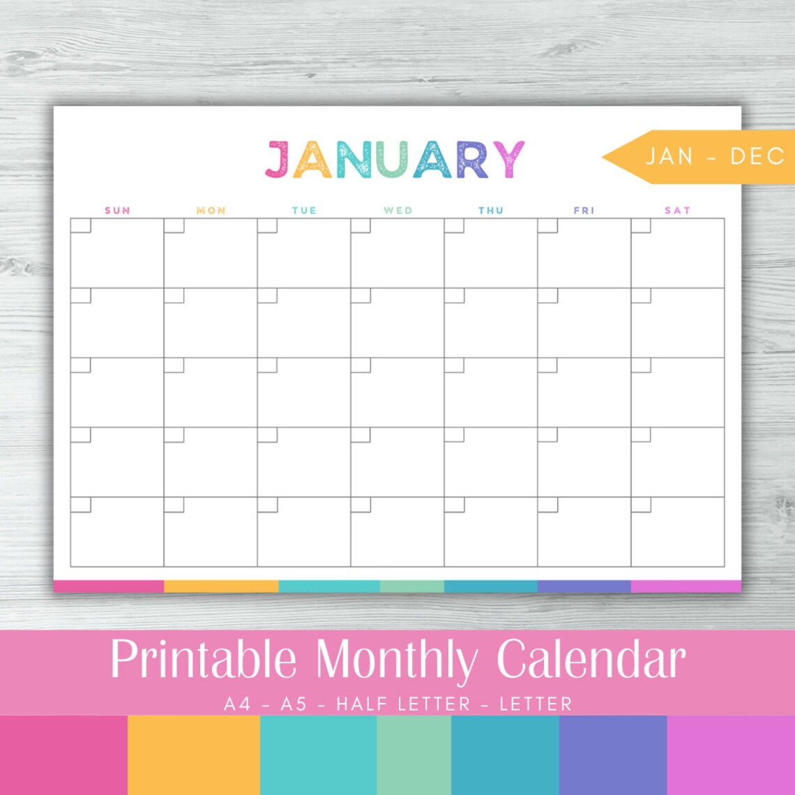 Printable Blank Calendar Colorful A5 Planner Insert A4 Half - Etsy