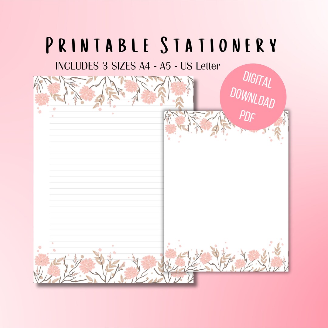 Pink Floral Note Paper Printable Stationery PDF Lined Note Etsy