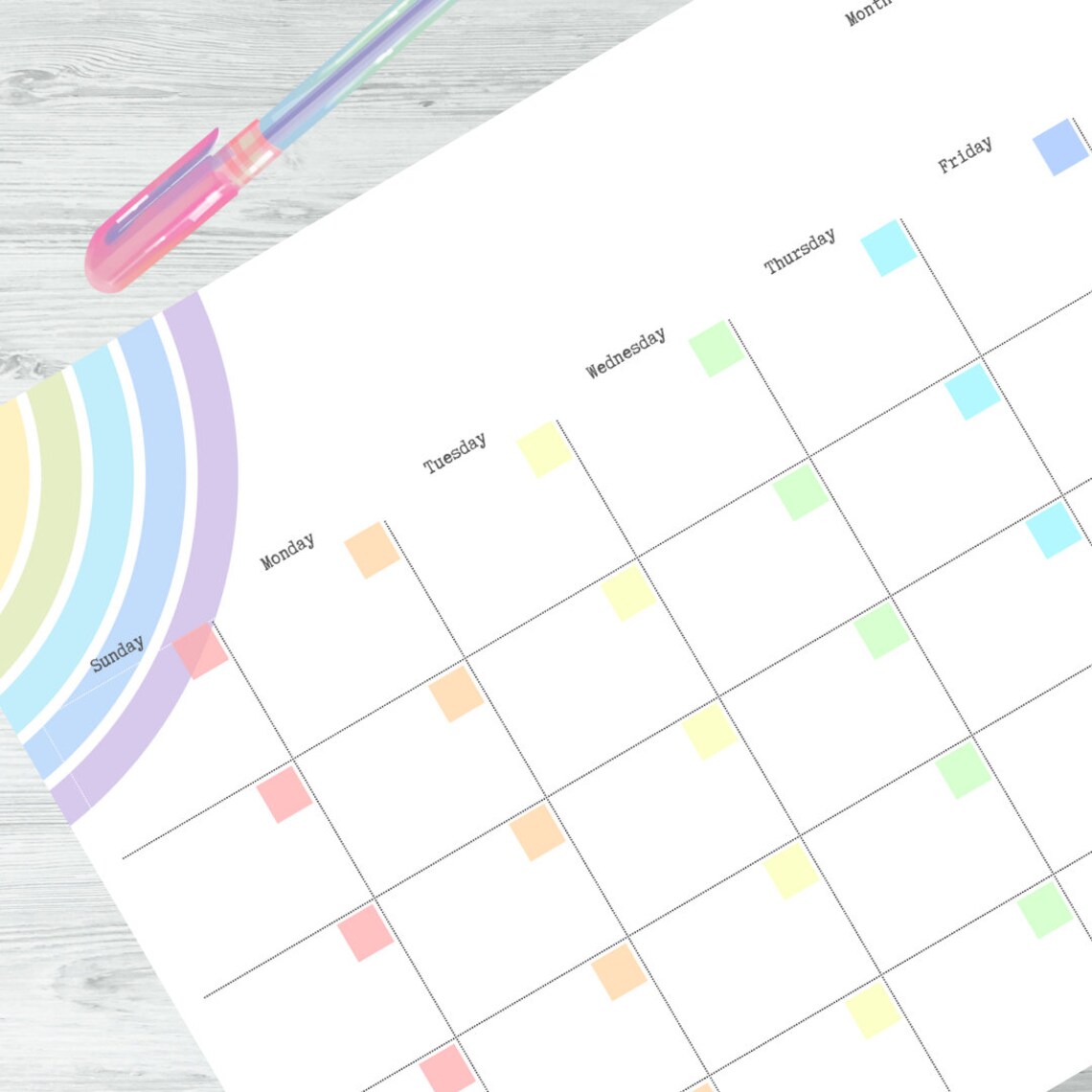 Printable Calendar Pastel Rainbow Blank, A5, Letter, PDF, Rainbow ...