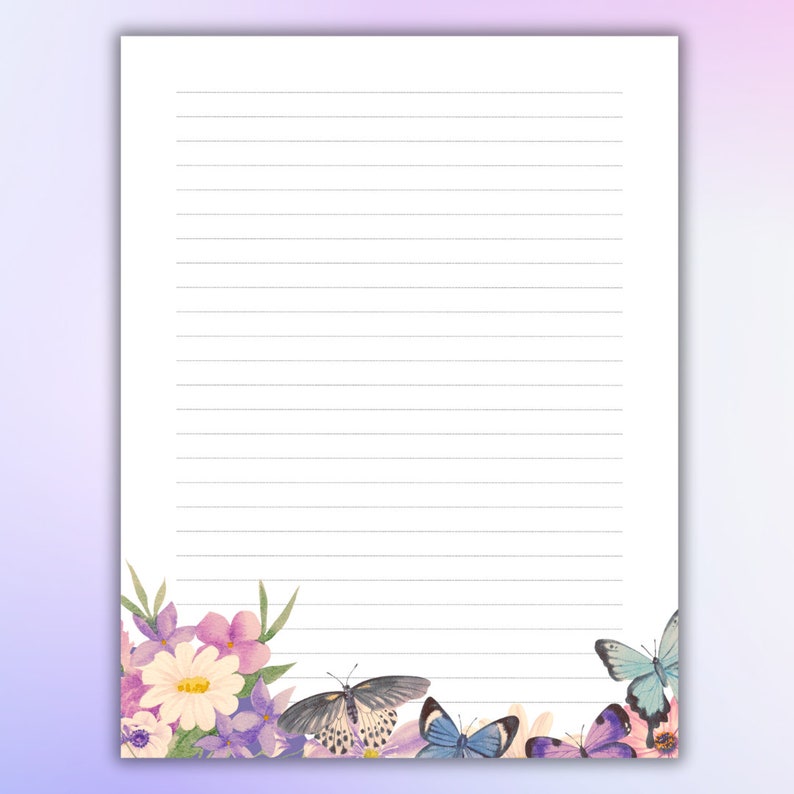 Butterfly Journal Paper Printable, Note Pages, Lined, A4, A5, Letter