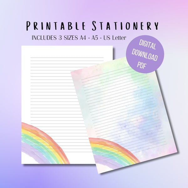 Colorful Note Paper Printable Pastel Watercolor Rainbow Stationery PDF Lined Unlined A4 A5 Letter Digital Download