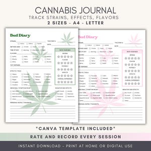 May include: A printable cannabis journal in A4 and Letter sizes, designed to track strains, effects, and flavours. It includes a "Bud Diary" section for rating aroma, flavour, potency, and overall experience. The template is included for instant download.