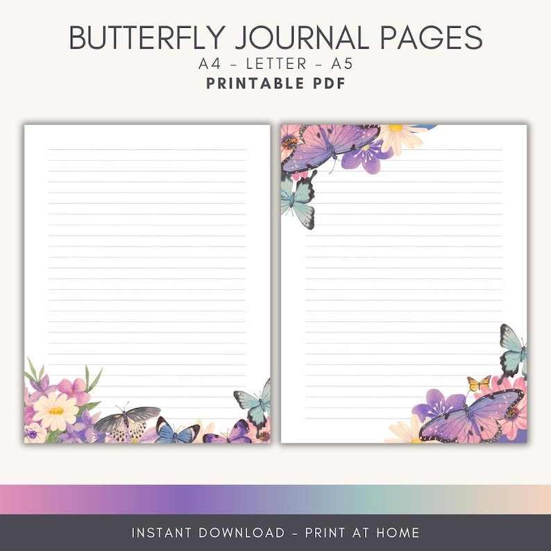 Butterfly Journal Paper Printable, Note Pages, Lined, A4, A5, Letter