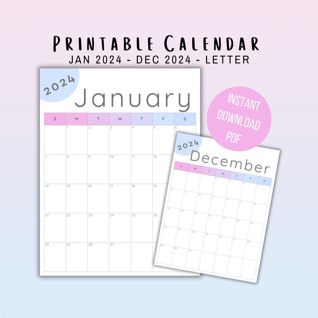2024 Calendar Printable PDF Blue Pink Pastel Portrait Letter Etsy