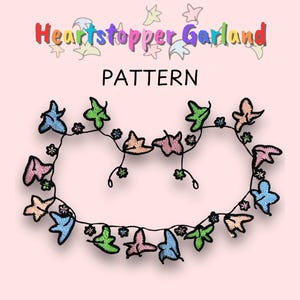 May include: A crochet pattern for a Heartstopper Garland. The garland is made of a series of colorful leaves connected by a black string. The pattern is for an intermediate skill level.