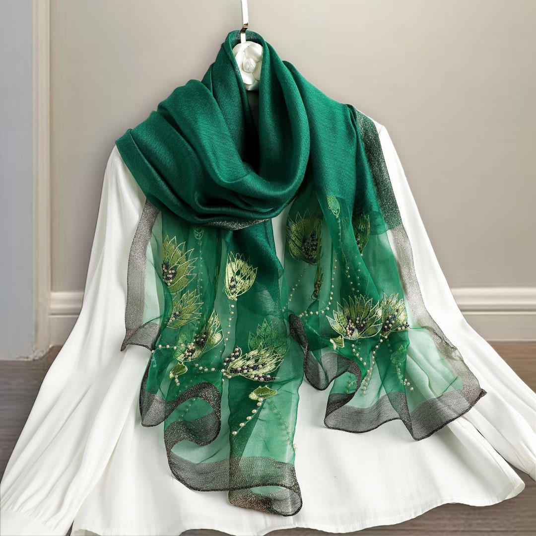 Silk Scarf, Women's Embroidered Shawl, Women's Wool Floral Scarf, Beach