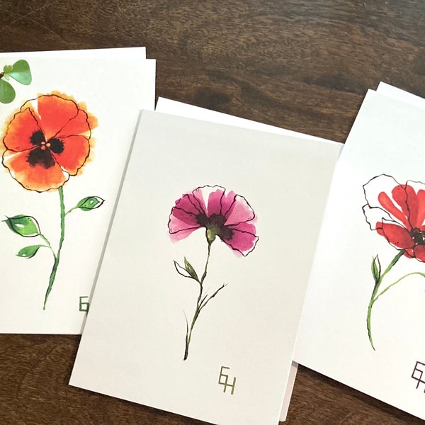 5x7 Watercolor 6 Card Set - Whimsical Floral Collection; Carnation, Pansy, Poppy