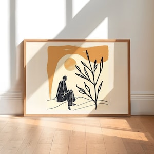 Senhora sob o sol, impressão de arte boho minimalista, arte de parede bege horizontal, cores neutras impressão de paisagem a5 a4 a3 a2 cartaz