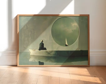 Solitude River, Surreal Art Print, Strange Green Beige Trippy Sail Boat Wall Art, Unusual Horizontal Landscape Poster A5 A4 A3 A2