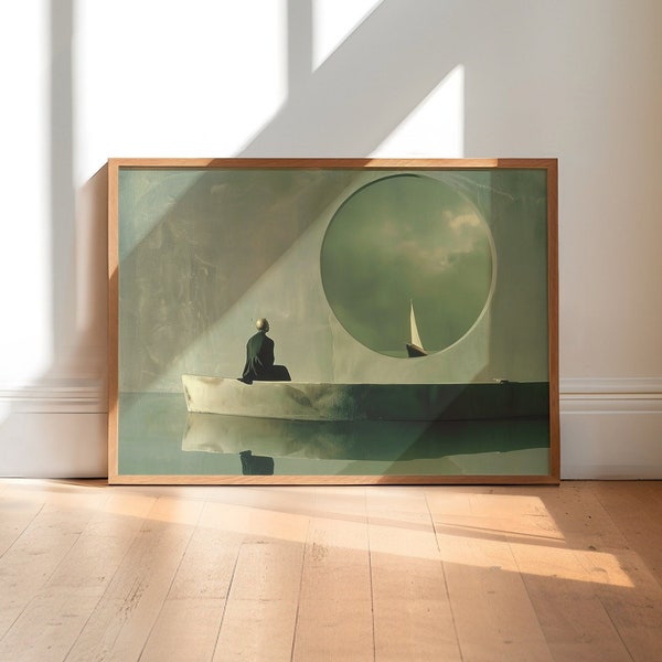 Solitude River, Surreal Art Print, Strange Green Beige Trippy Sail Boat Wall Art, Unusual Horizontal Landscape Poster A5 A4 A3 A2