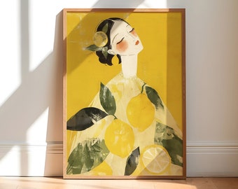 Lemon Lady Art Print, Vintage Japanese Illustration Style, Leaves and Fruit Yellow Wall Art Poster Print A5 A4 A3 A2 Fashion Sketch Style