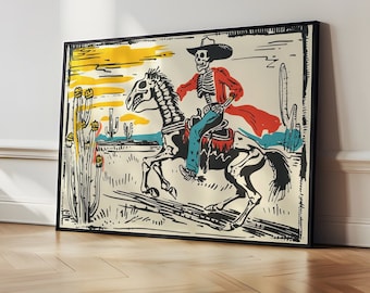 Skeleton Cowboy Art Print, Skeleton On Horse Horizontal Wall Art, Yellow Blue Red Landscape Print, Wild West A5 A4 A3 A2 Poster
