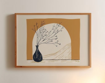 Minimalist Boho Art Print, Plant in Vase Horizontal Beige Wall Art, Neutral Colours Landscape Print A5 A4 A3 A2 Poster