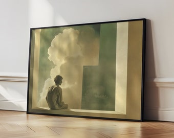On The Edge, Surreal Art Print, Strange Green Beige Trippy Cloud Wall Art, Unusual Horizontal Landscape Poster A5 A4 A3 A2