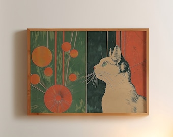 Retro SciFi Style White Cat Art Print, 1970s Colours Wall Art, Green and Orange Horizontal Landscape Print A5 A4 A3 A2 Poster