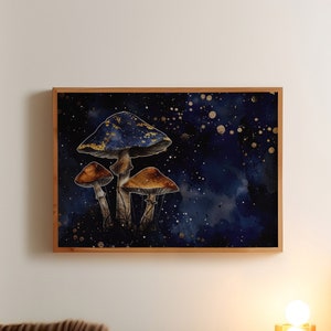 Magic Mushrooms Dark Fairytale Kunstdruck, Lila und Gold Landschaft Wandbild, Pilze und Sterne A5 A4 A3 A2 Trippy Poster