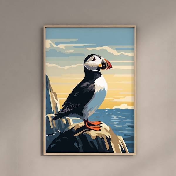 Puffin, UK Coastal Sea Bird Art Picture Print, Minimalist Style Wall Art, Seaside Home Decor, Bird Illustration Poster Print A5 A4 A3 A2