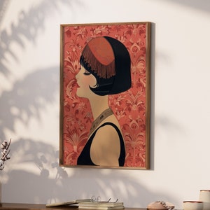 Art Deco Druck, Flapper Girl 1920er Jahre Stil Wandkunst, Rosa Thema Vintage Stil Wohnkultur Roaring Twenties Giclée-Druck