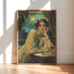 Art Deco Print, Girl with Drink, Moon, 1920s Wall Art, Vintage Style Home Decor, Roaring Twenties, Beautiful Lady A5 A4 A3 A2 Poster Print