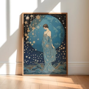 Art Deco Print, Girl Moon and stars 1920s Wall Art, Moon Poster Blue and Black Vintage Style Home Decor Roaring Twenties Giclee Print