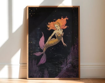 Mermaid Art Print, Orange Purple and Black Wall Art, Vintage Style Redhead Lady Mermaid Poster Home Decor, Giclee Print A5 A4 A3 A2