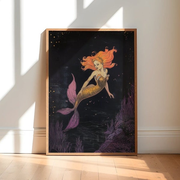 Mermaid Art Print, Orange Purple and Black Wall Art, Vintage Style Redhead Lady Mermaid Poster Home Decor, Giclee Print A5 A4 A3 A2