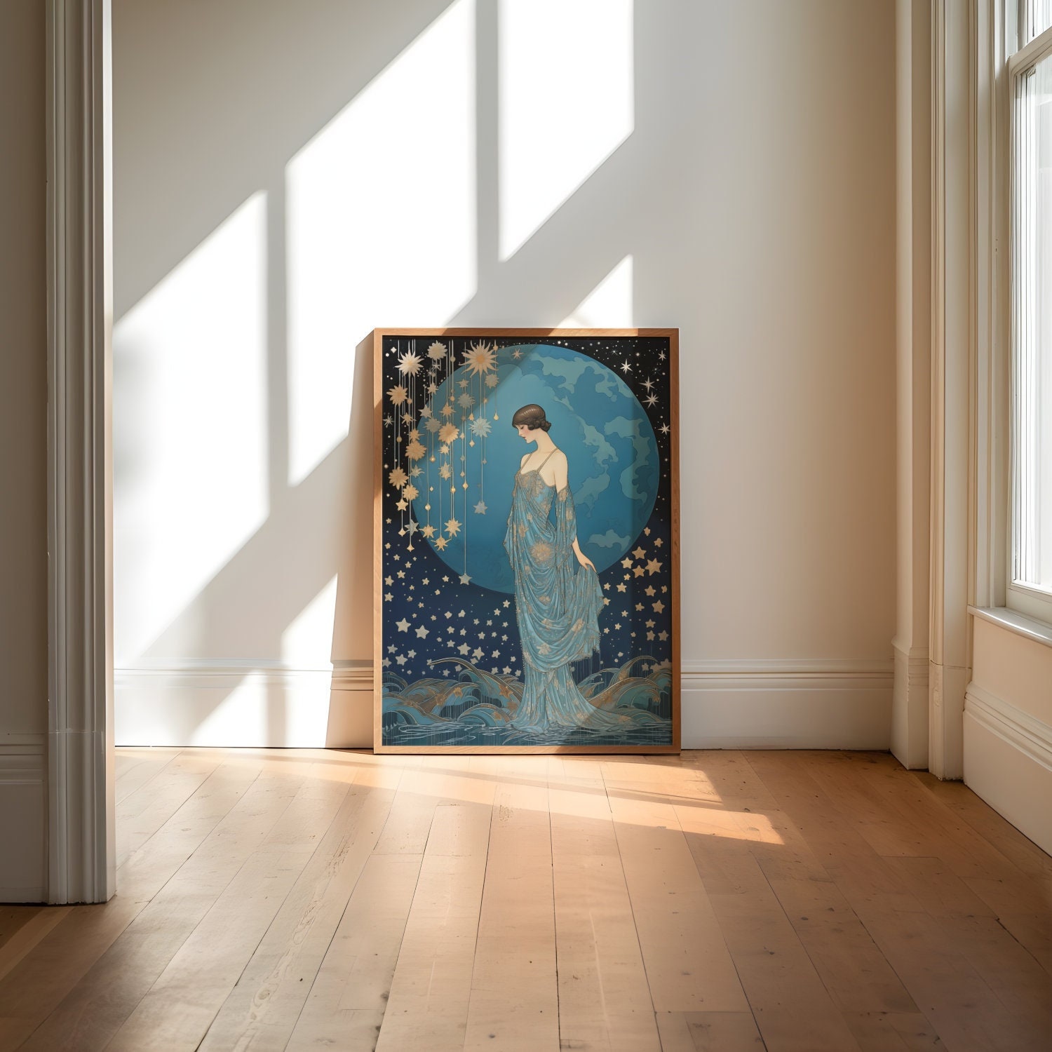 Art Deco Print, Girl Moon and stars 1920s Wall Art, Moon Poster Blue and Black Vintage Style Home Decor Roaring Twenties Giclee Print