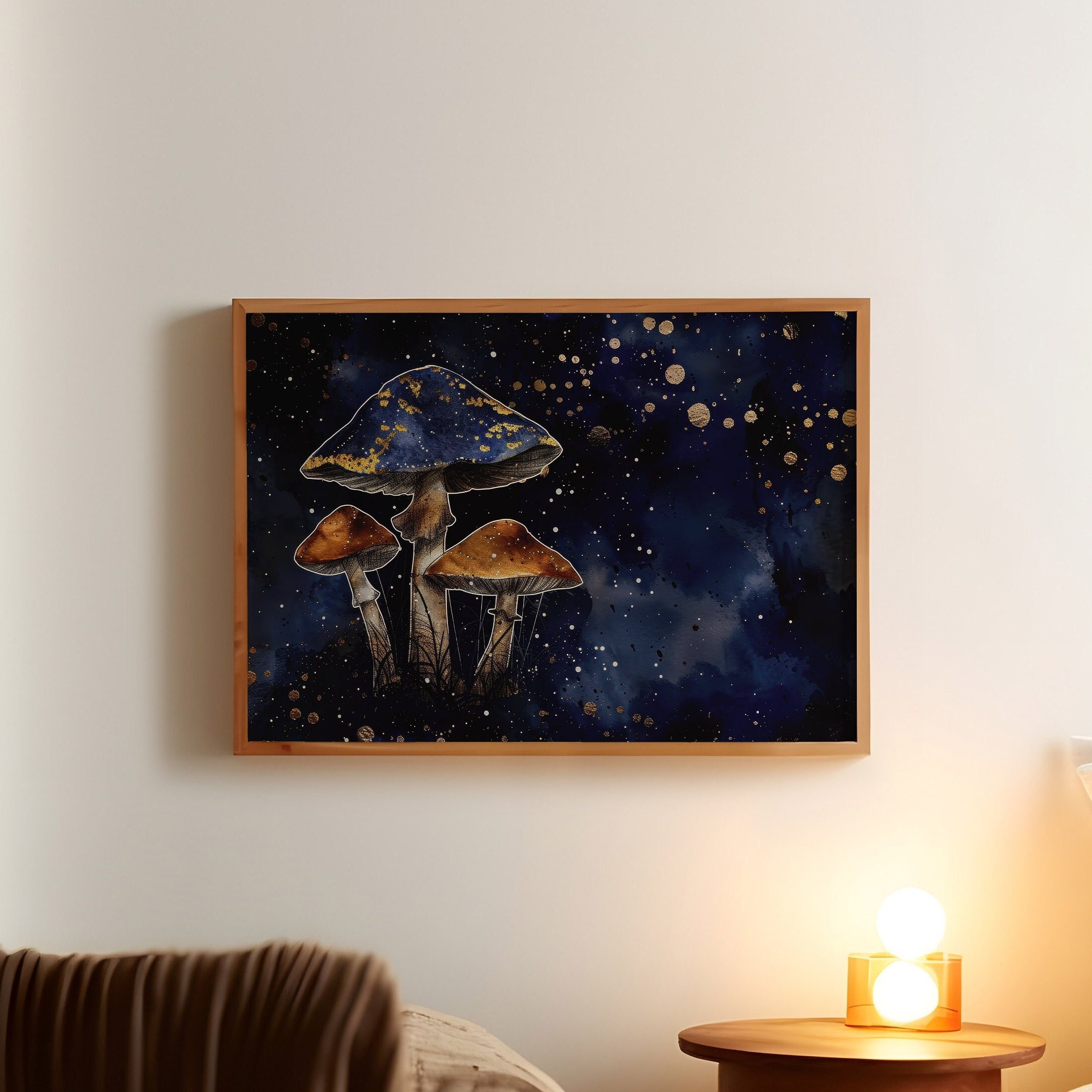 Magic Mushrooms Dark Fairytale Art Print, Purple and Gold Landscape Wall Art, Mushies and Stars A5 A4 A3 A2 Trippy Poster
