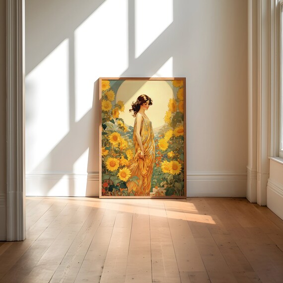 Lady With Sunflowers Wall Art, Yellow Art Print, Floral / Flowers Art Nouveau Inspired Vintage Style Retro Art Print Poster A5 A4 A3 A2