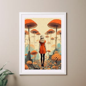 Impressão de arte de colagem vintage surreal, senhora de cogumelo trippy, arte de parede, reprodução giclée