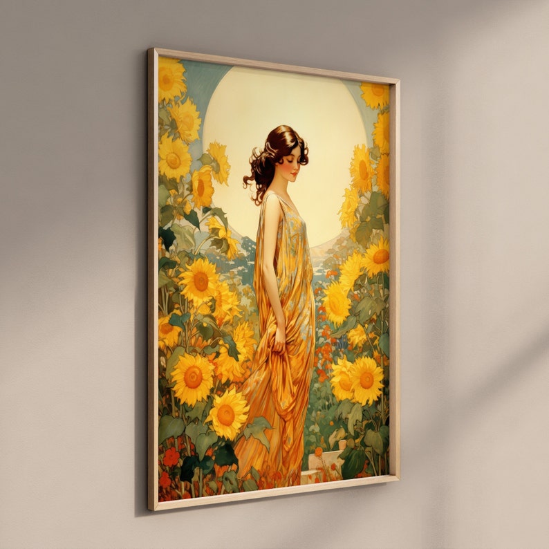 May include: A painting of a woman in a yellow dress standing in a field of sunflowers. The woman is looking down and the sunflowers are in full bloom.