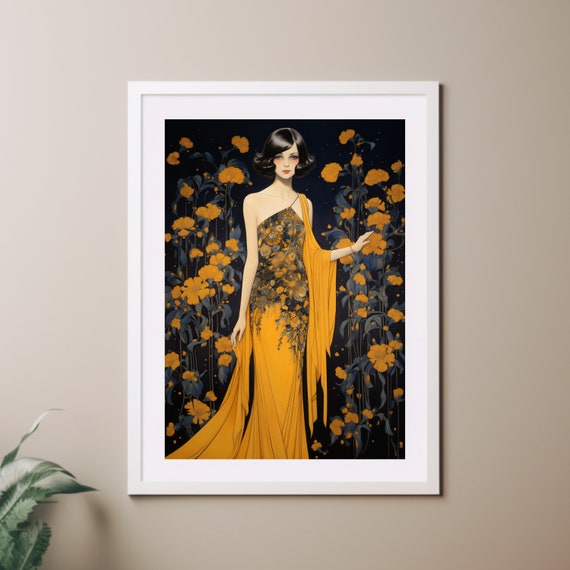 Lady With Flowers, Yellow and Black Art Deco Art Nouveau Wall Art, Poster  Print Vintage Style Home Decor Roaring Twenties Giclee Print - Etsy
