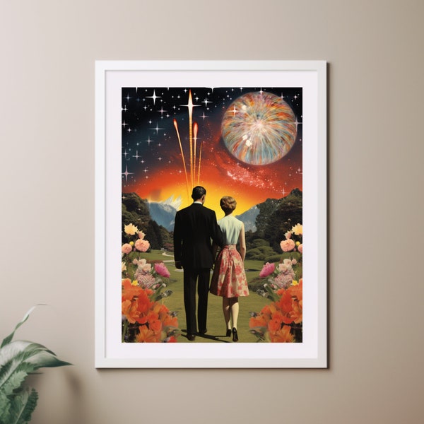 Happy Forever, Romantic Surreal Vintage Collage Art Print, Trippy Wall Art, Anniversary Gift