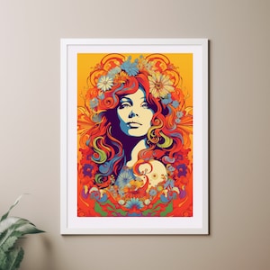 Flower Power Hippy Wall Art, 1960s 1970s Soft Colors Groovy Lady Estampado floral Concierto Póster Estilo Psicodélico Trippy