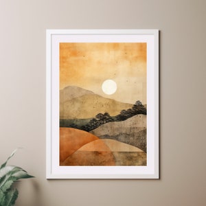 Gebrannte Orange, Japandi Wabi Sabi Berglandschaft, neutrale Wandkunst, Terrakotta-Farben, Poster-Druck, beruhigende beige Wohnkultur Sonne und Bäume