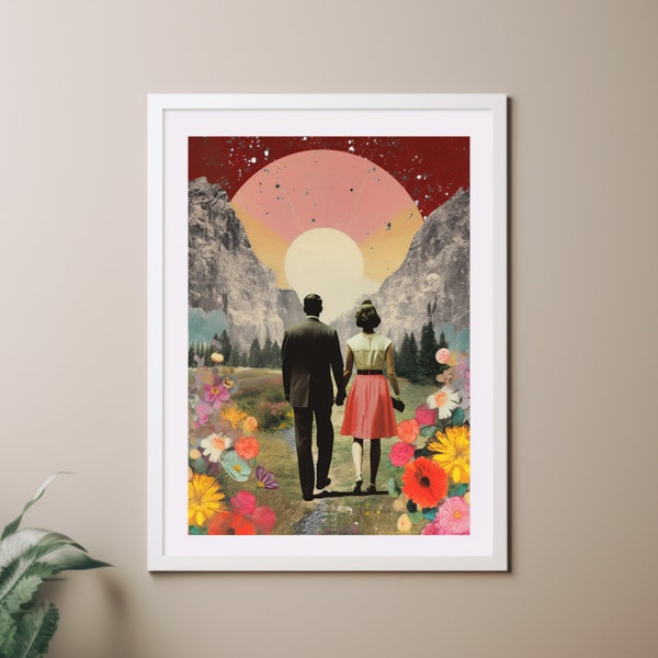 Living The Dream, Romantic Surreal Vintage Collage Art Print, Trippy Wall Art, Anniversary Gift